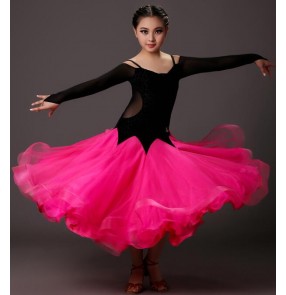 Hot pink fuchsia green black patchwork long sleeves v neck girls kids children performance competition school play long length ballroom dancing outfits full  dresses costumes